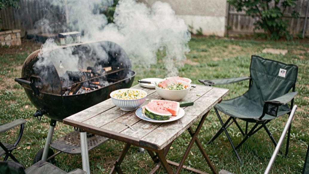 Backyard cookout table with a charcoal grill smoking, bowls of corn salad and sliced watermelon, and folding chairs on grass