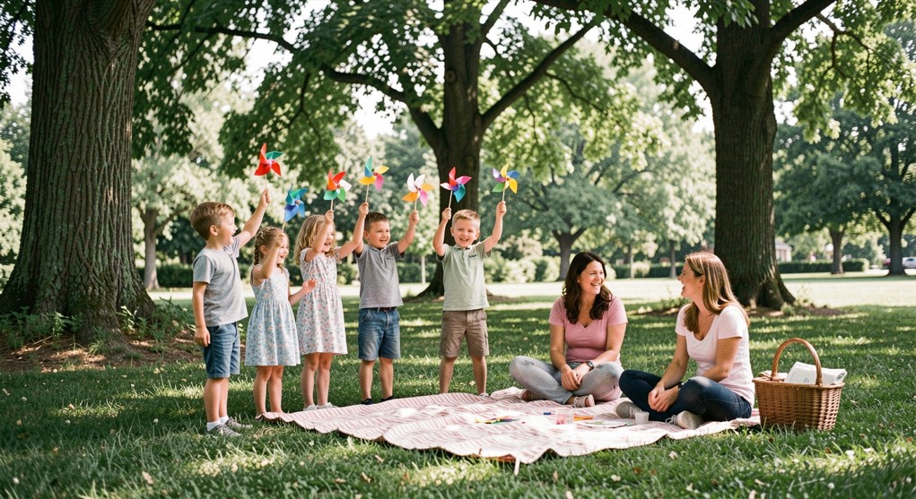 Children waving paper pinwheels on a park lawn while parents spread a picnic blanket under tall shade trees in summer