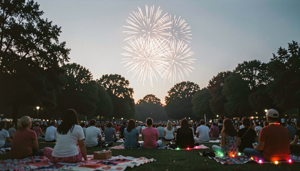 Bright firework burst opening over dark treetops above a park crowd with blankets and glow necklaces at dusk