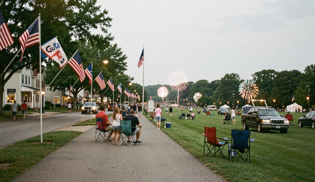 Wide view of a Fourth of July evening in a Pennsylvania park town, flags along a main street and families carrying folding chairs toward the fireworks grounds