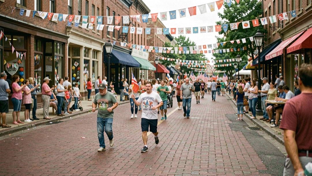 Small town Independence Day parade moving down a brick main street with paper bunting over storefronts and families along the curb