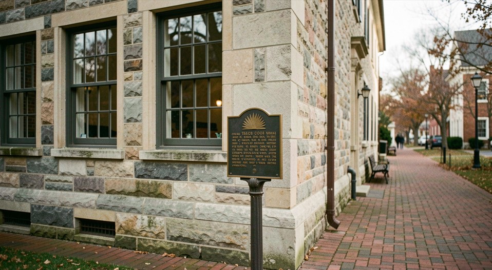Colonial era stone building corner with multi paned windows and a brass historical marker beside a brick sidewalk on a quiet morning