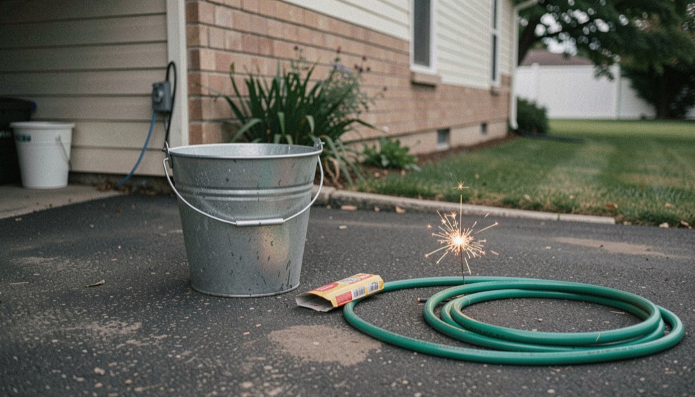 Bucket of water and a garden hose coiled on a driveway beside a packet of sparklers well away from the house wall